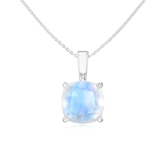 natural rainbow-moonstone cushion solitaire necklaces in platinum 