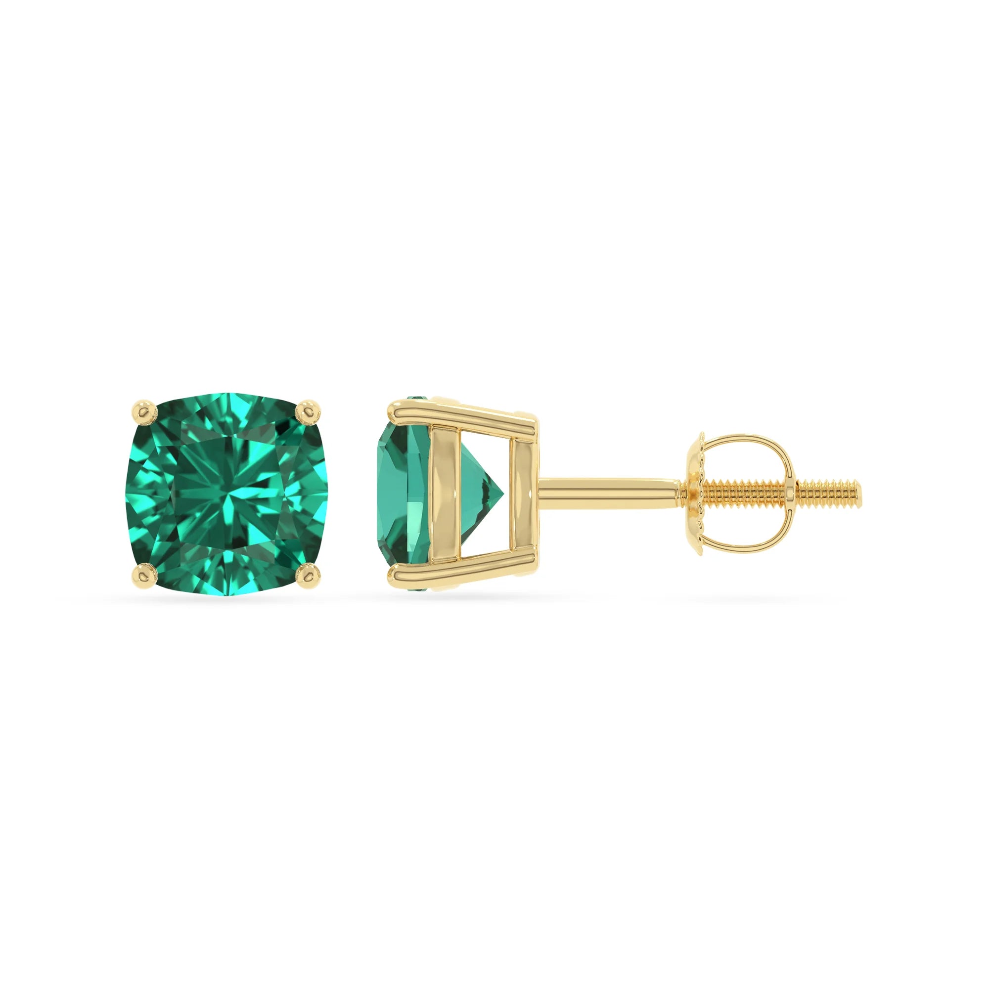 lab grown emerald cushion stud earrings in yellow gold 