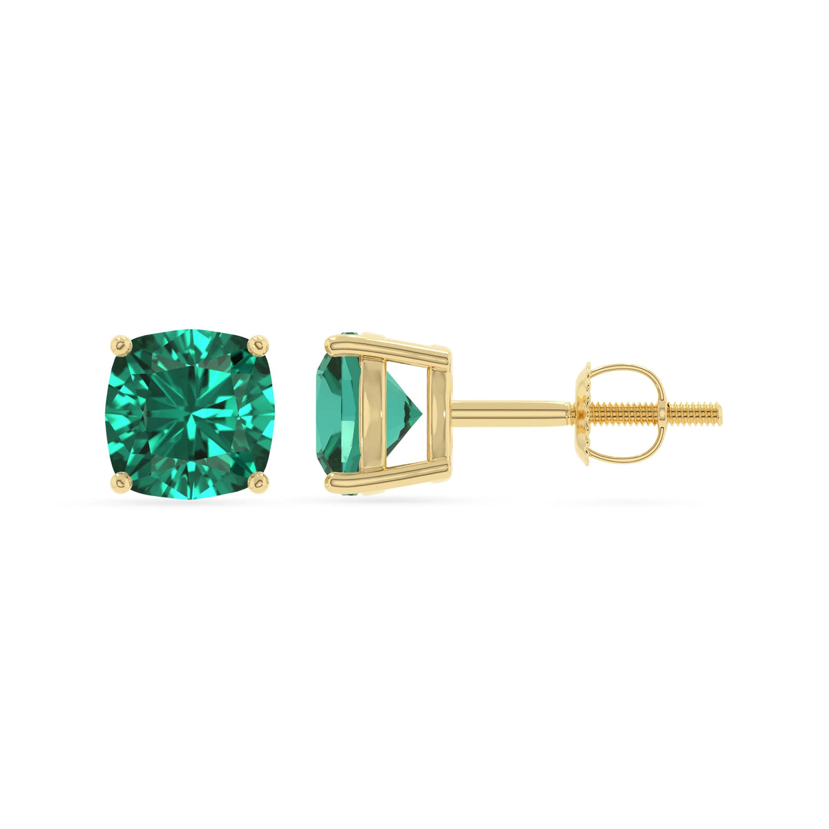 lab grown emerald cushion stud earrings in yellow gold 