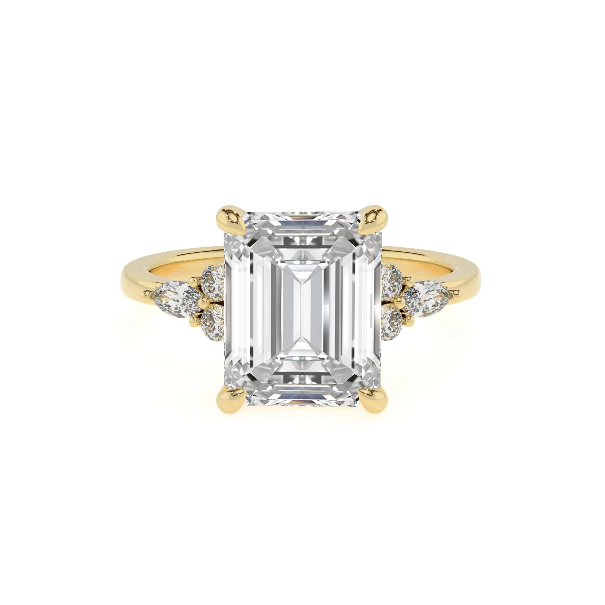 lab grown moissanite emerald cut solitaire rings in yellow gold 