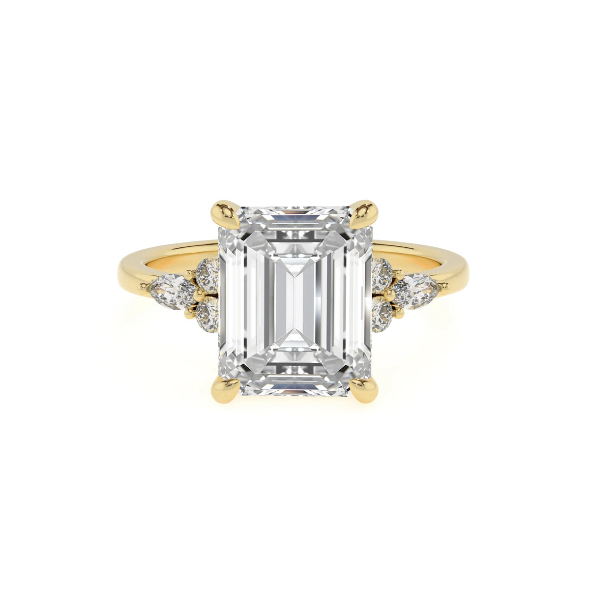 lab grown moissanite emerald cut solitaire rings in yellow gold 