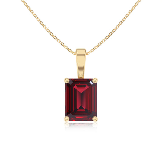 lab grown ruby emerald cut solitaire necklaces in yellow gold 