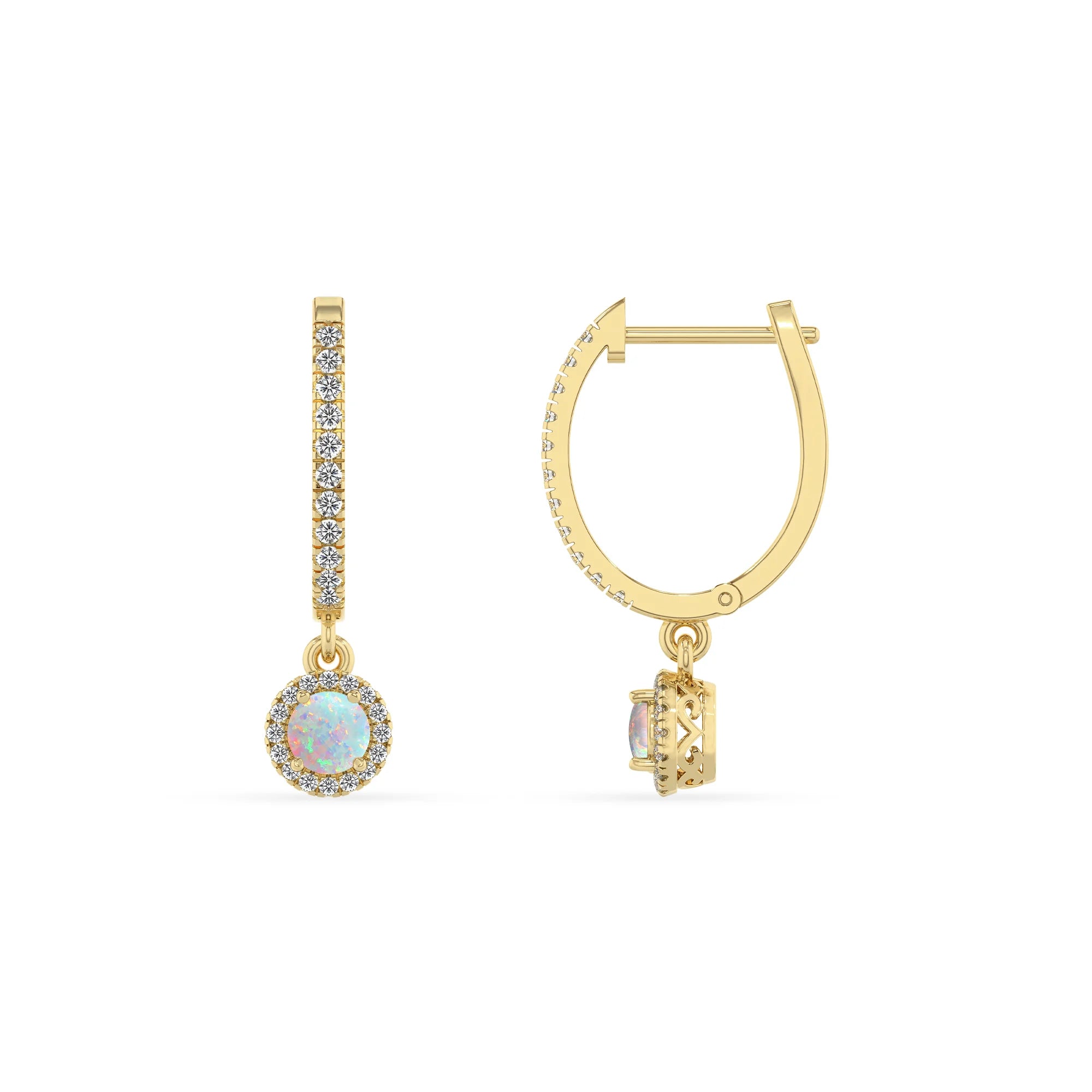 lab grown opal round drop earrings in yellow gold 