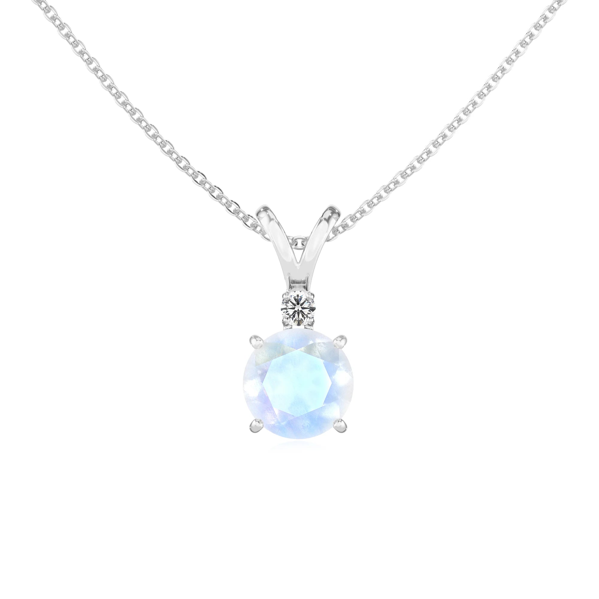 natural rainbow-moonstone round solitaire v-bale necklaces in platinum 