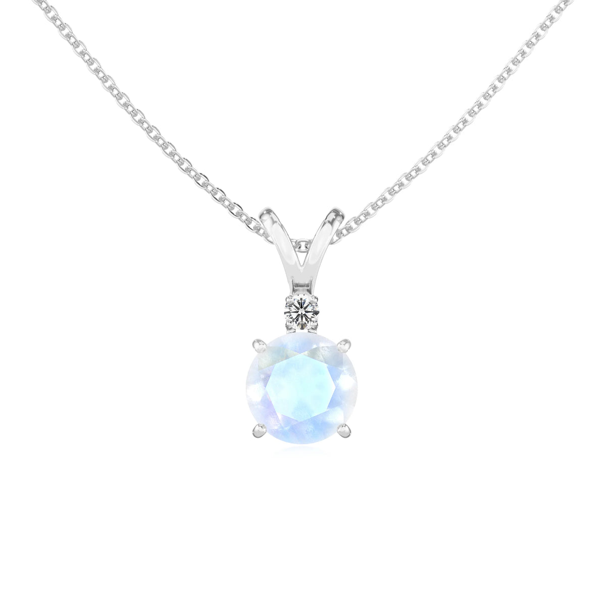 natural rainbow-moonstone round solitaire v-bale necklaces in platinum 