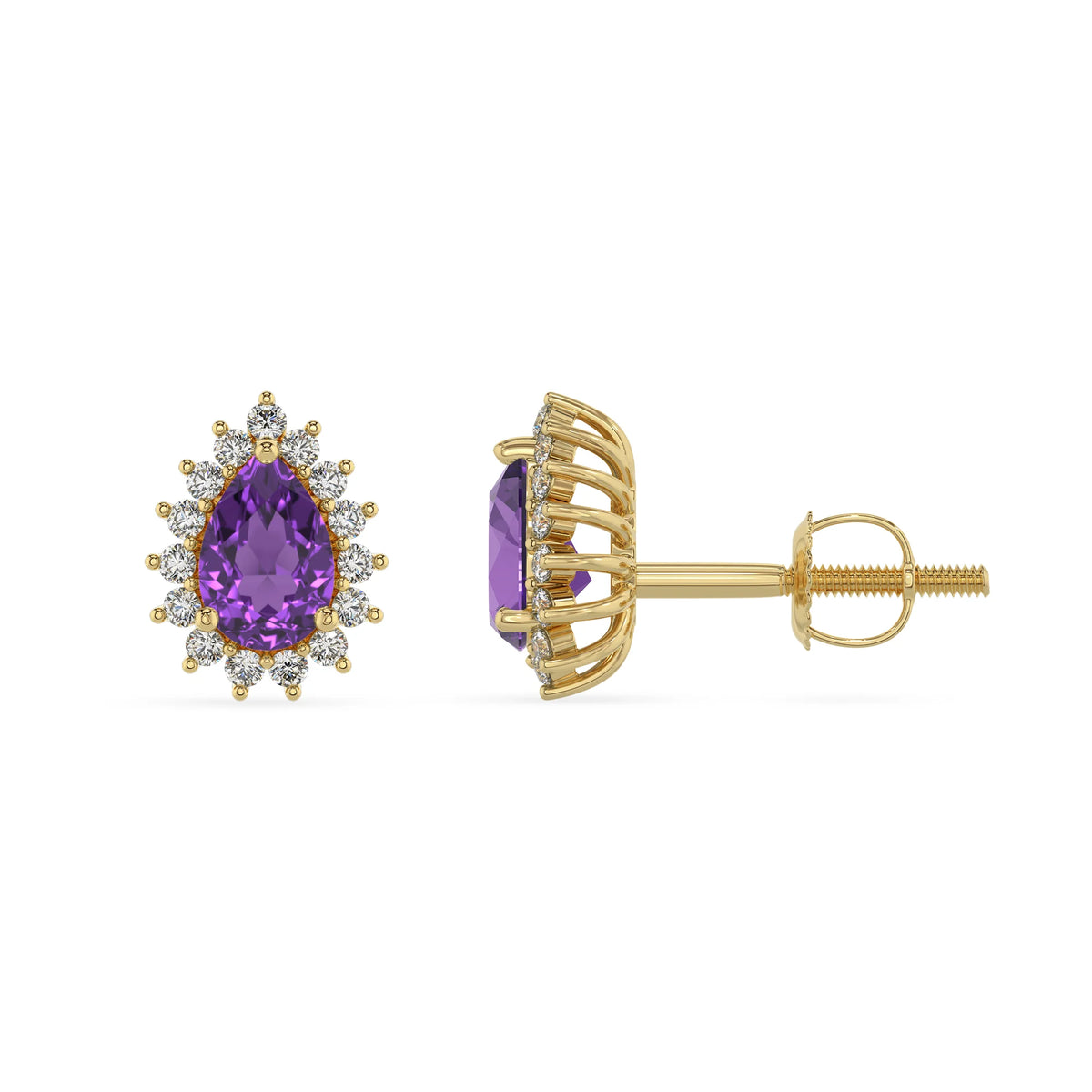 lab grown amethyst pear stud earrings in yellow gold 