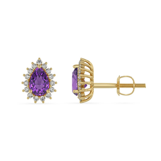 lab grown amethyst pear stud earrings in yellow gold 