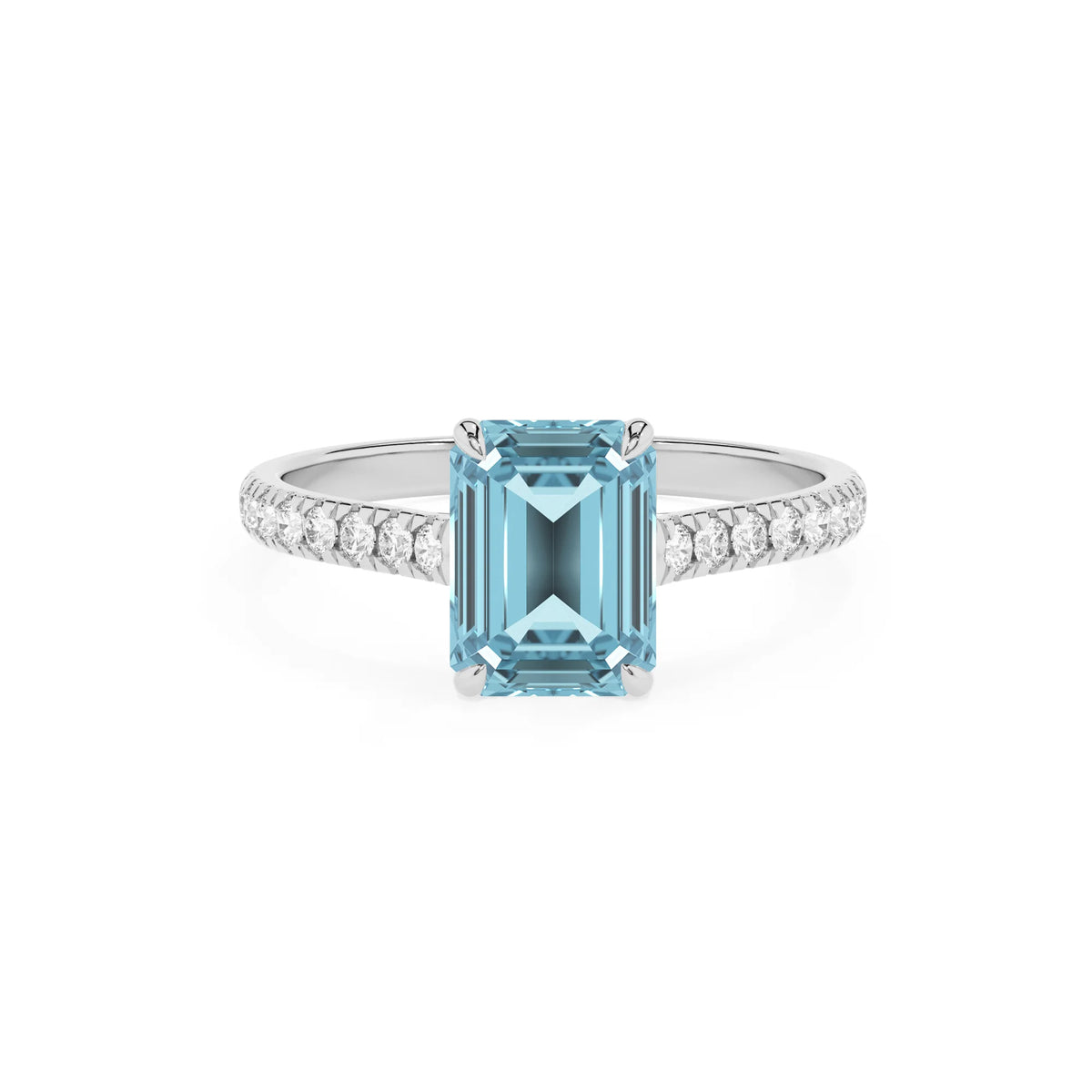 lab grown aquamarine emerald cut half eternity solitaire engagement rings in white gold 