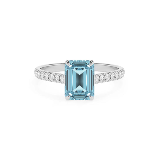 lab grown aquamarine emerald cut half eternity solitaire engagement rings in white gold 