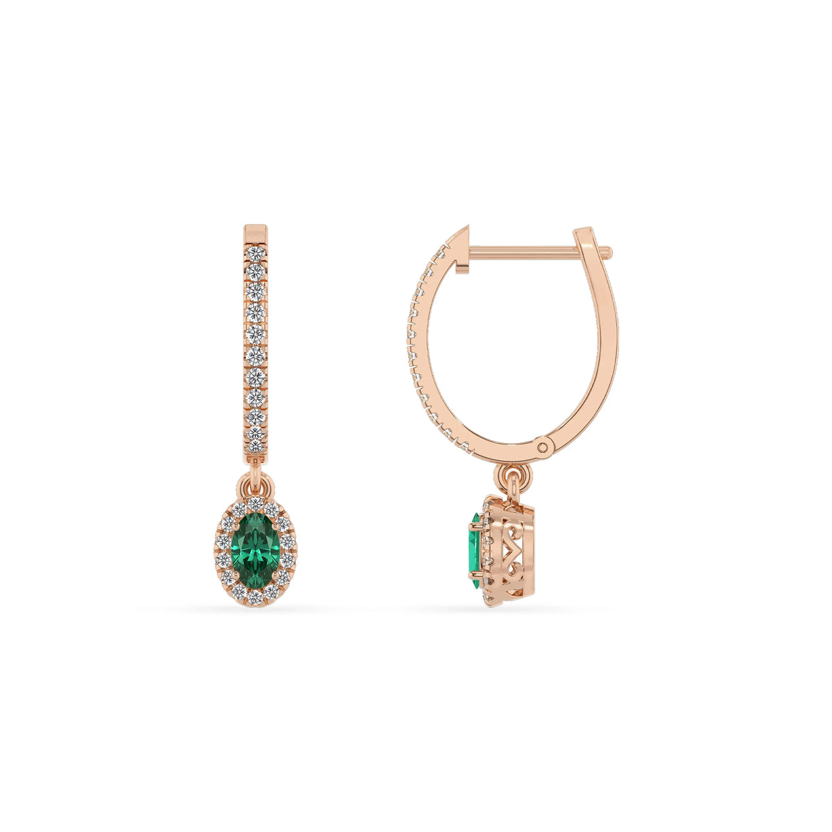 lab grown emerald oval drop earrings in rose gold 