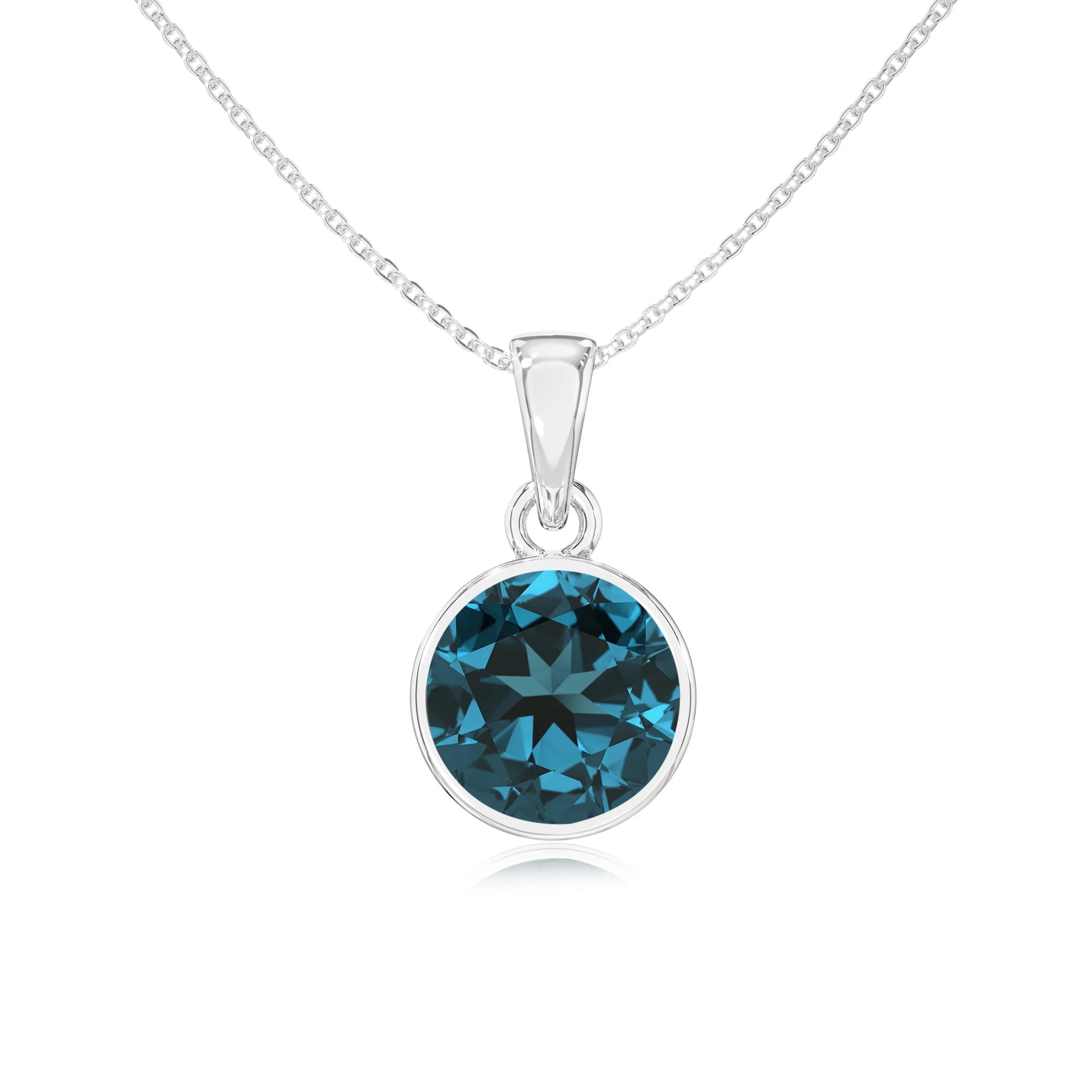 natural london-blue-topaz round solitaire necklaces in sterling silver 
