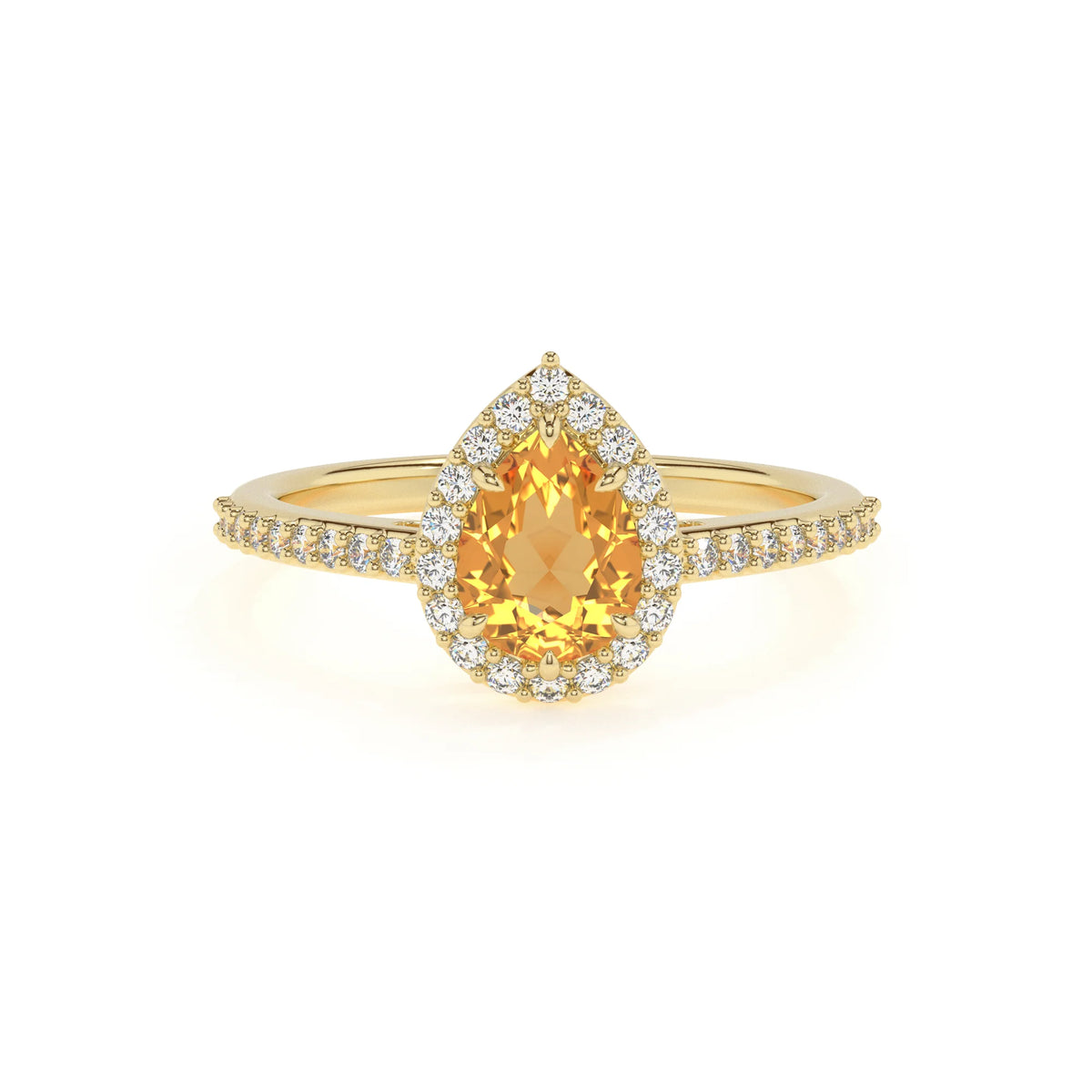 lab grown citrine pear solitaire rings in yellow gold 