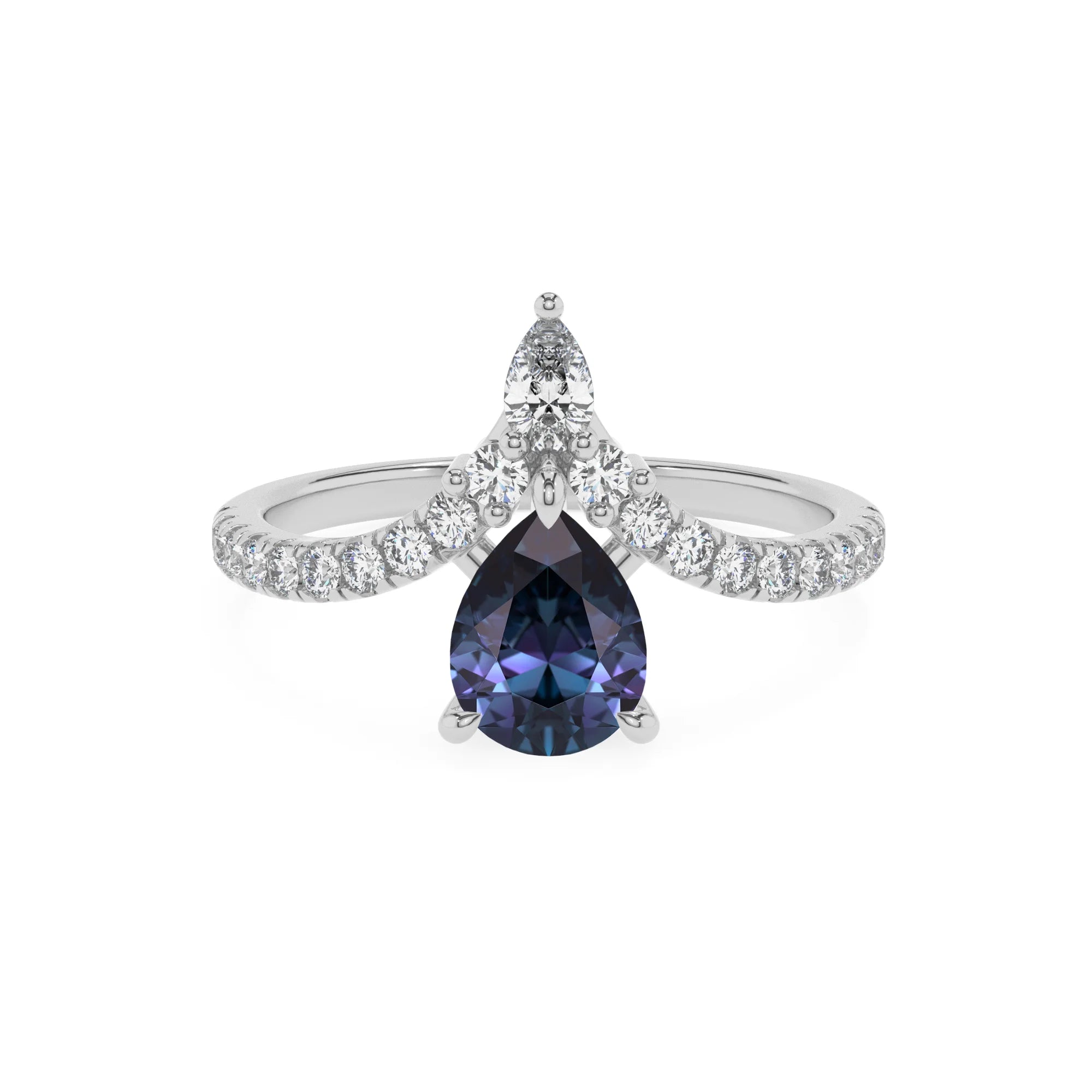 lab grown alexandrite pear solitaire rings in white gold 