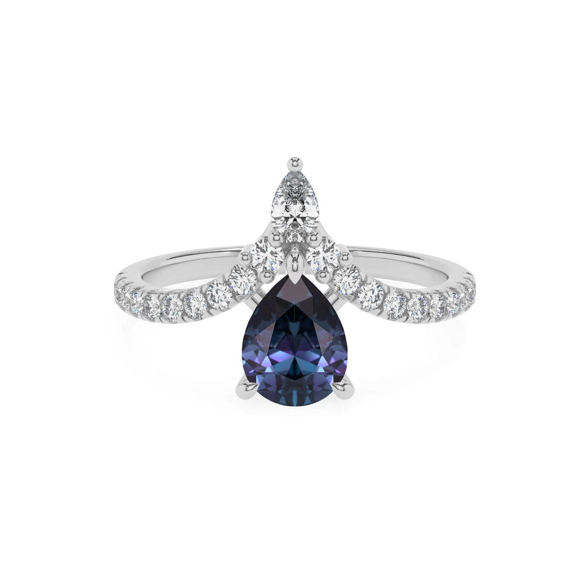 lab grown alexandrite pear solitaire rings in white gold 