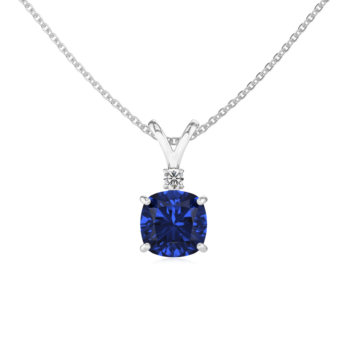 lab grown blue-sapphire cushion solitaire v-bale necklaces in white gold 