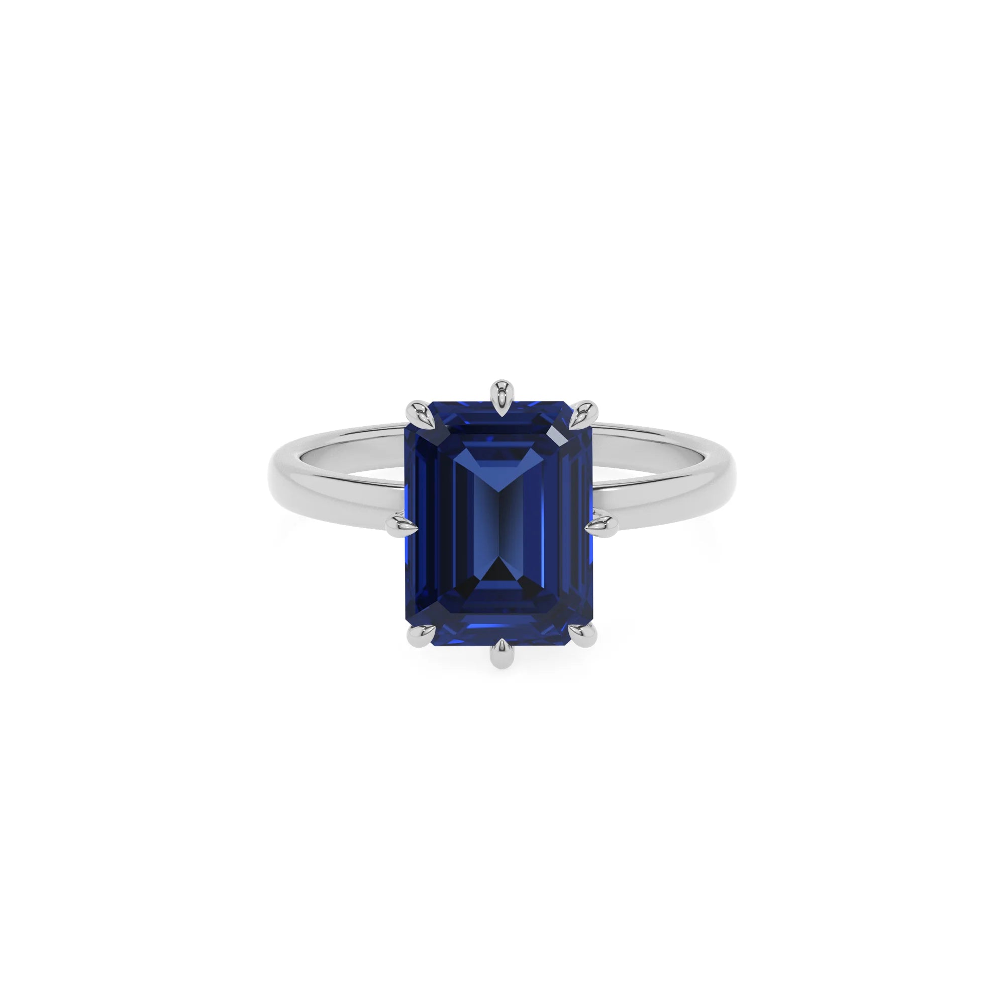lab grown blue-sapphire emerald cut solitaire rings in platinum 