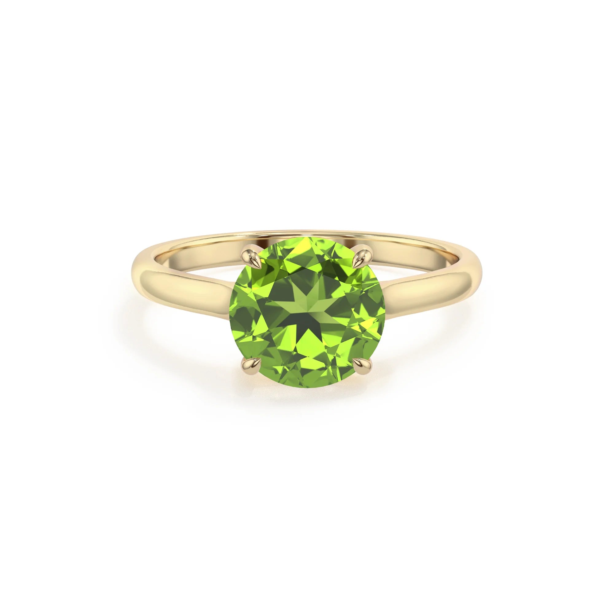 natural peridot round solitaire rings in yellow gold 