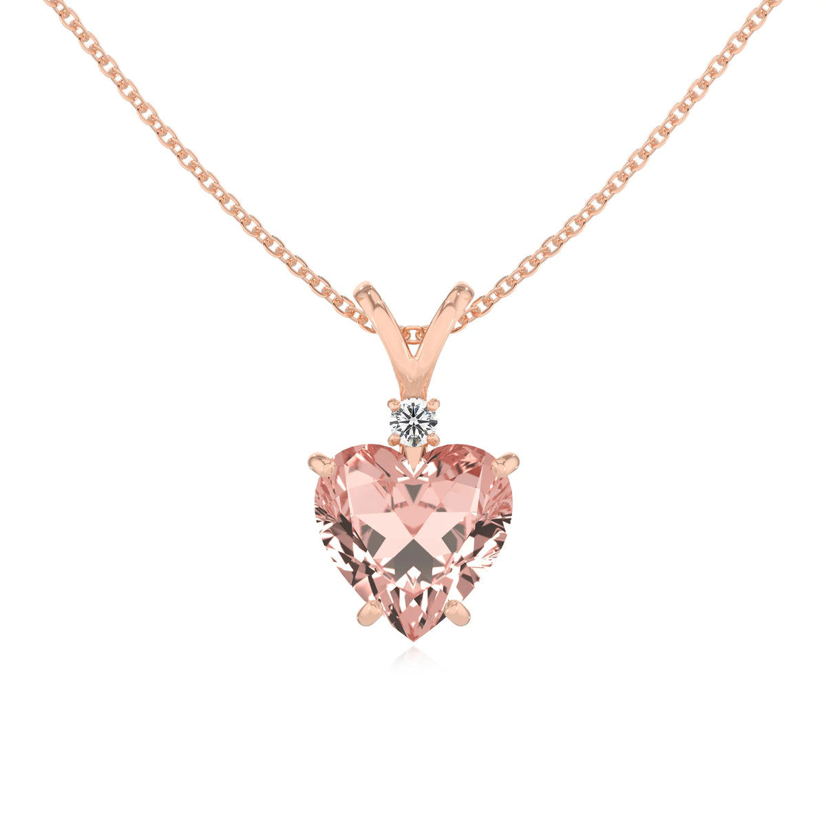 lab grown morganite heart solitaire v-bale necklaces in rose gold 