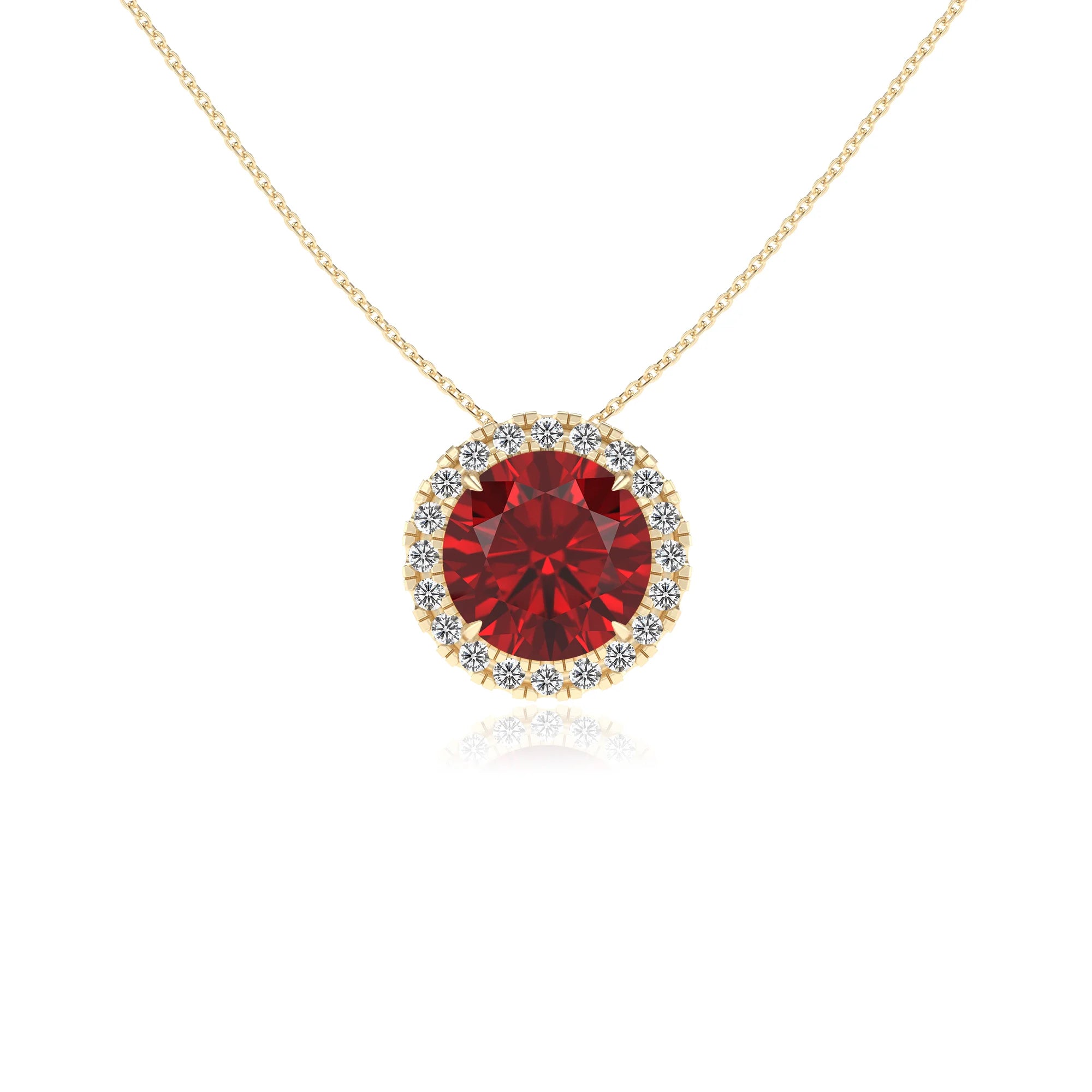 lab grown ruby round solitaire necklaces in yellow gold 