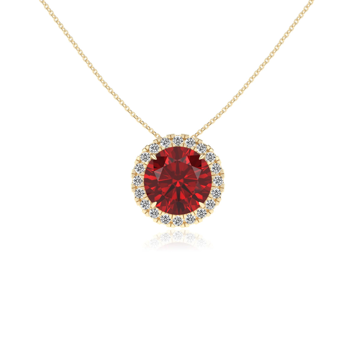 lab grown ruby round solitaire necklaces in yellow gold 