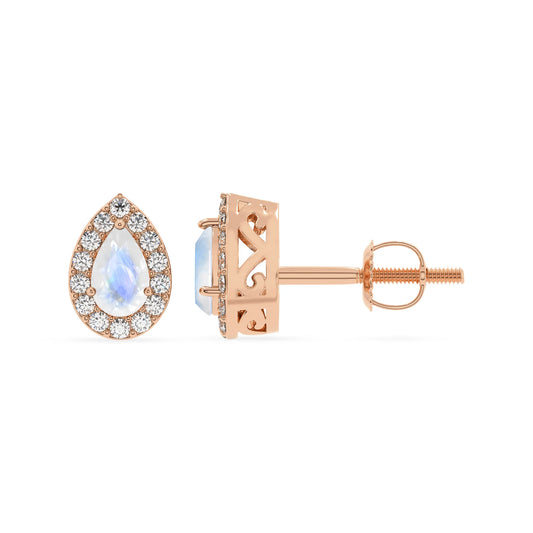 natural rainbow moonstone pear stud earrings in rose gold 