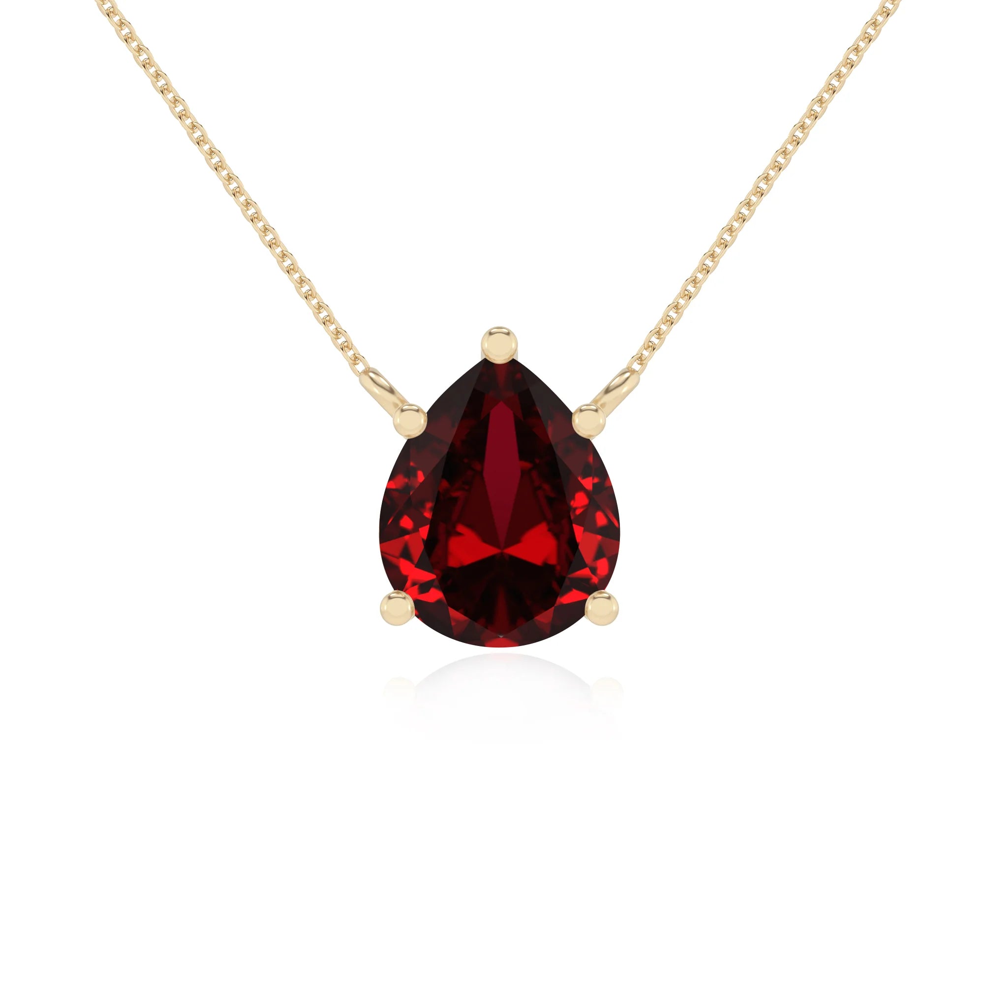lab grown ruby pear solitaire necklaces in yellow gold 