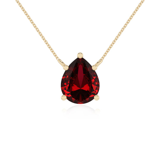 lab grown ruby pear solitaire necklaces in yellow gold 