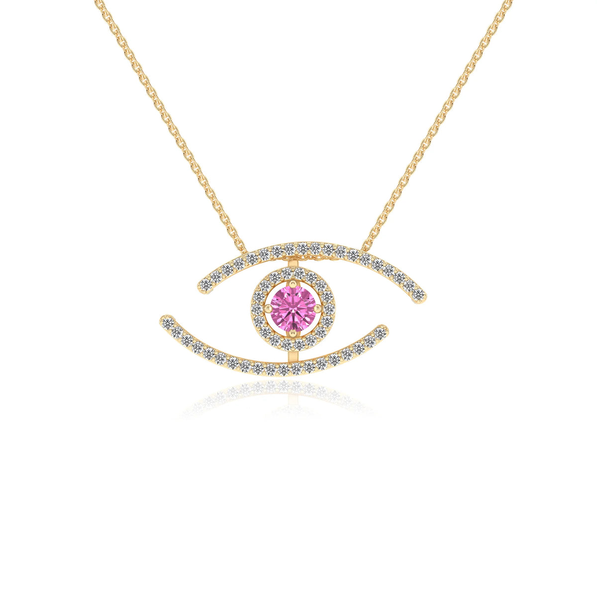 lab grown pink-sapphire round solitaire necklaces in yellow gold 