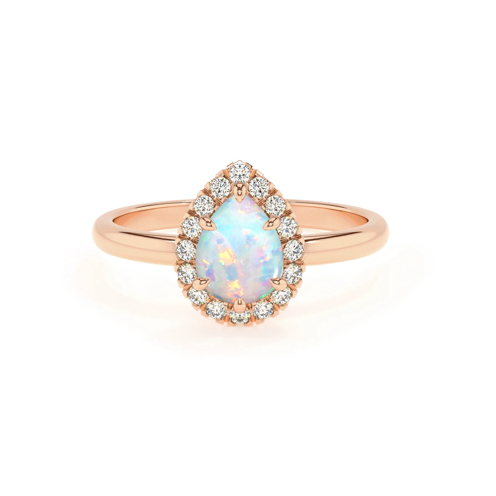 lab grown opal pear solitaire rings in rose gold 