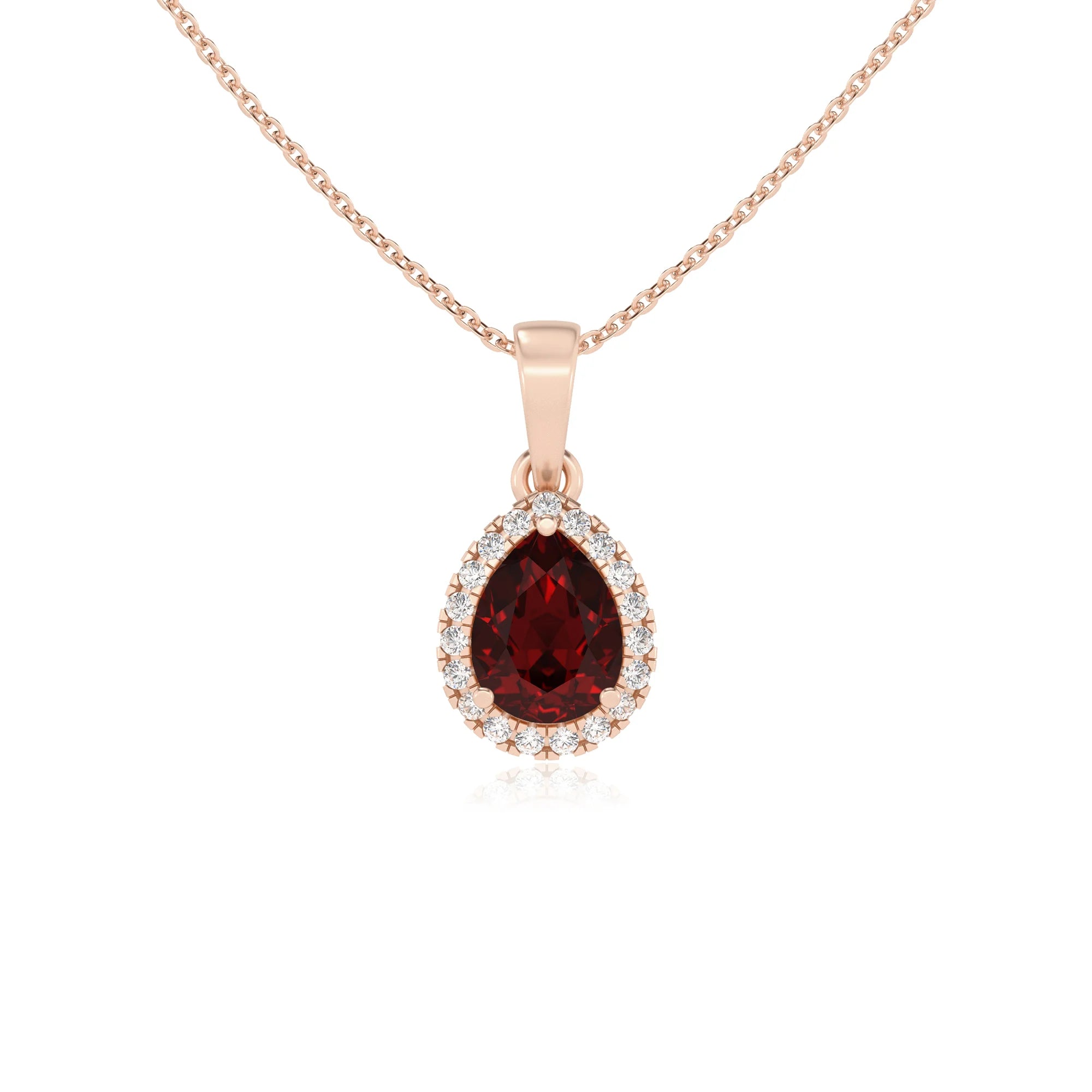 natural garnet pear solitaire necklaces in rose gold 