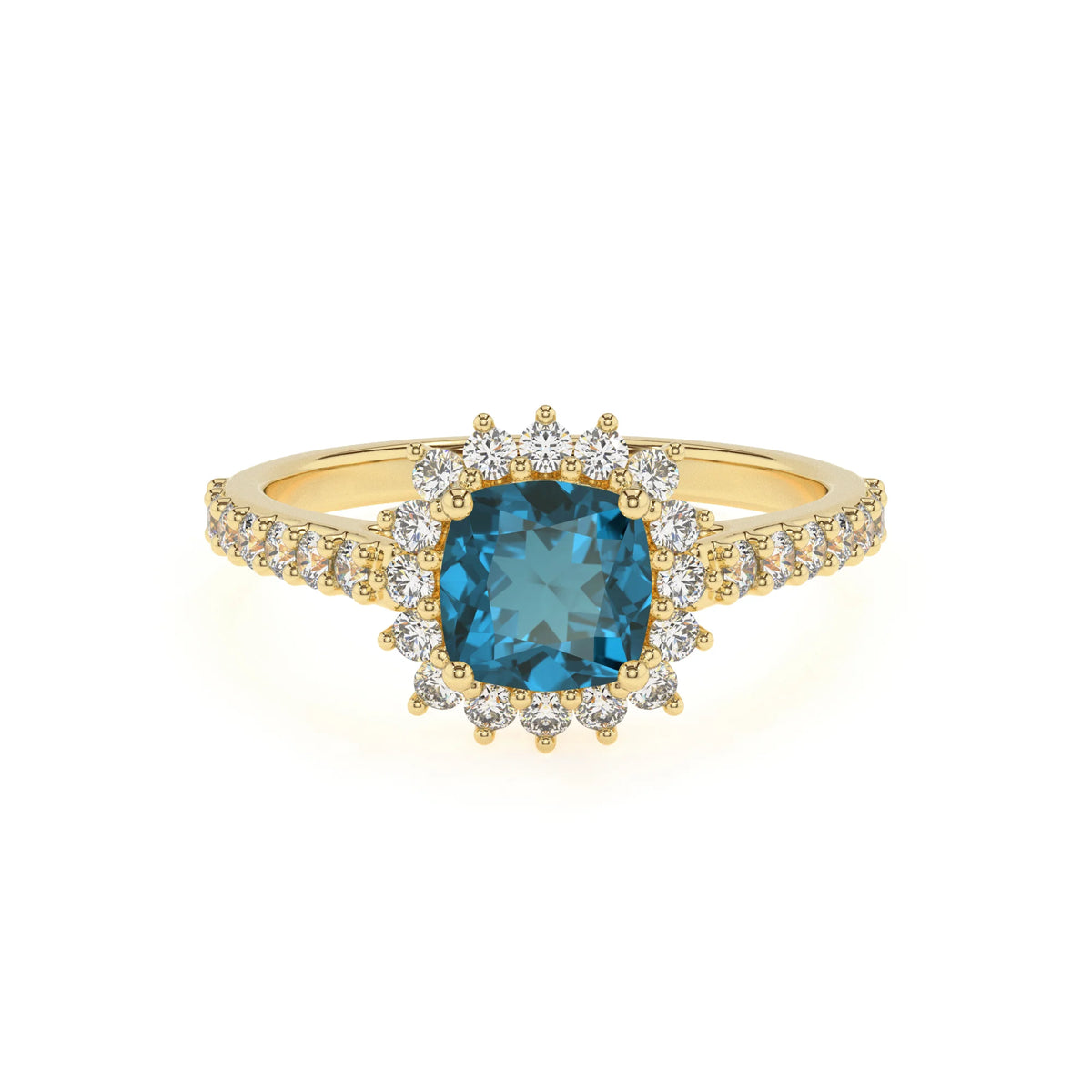 natural london-blue-topaz cushion solitaire rings in yellow gold 