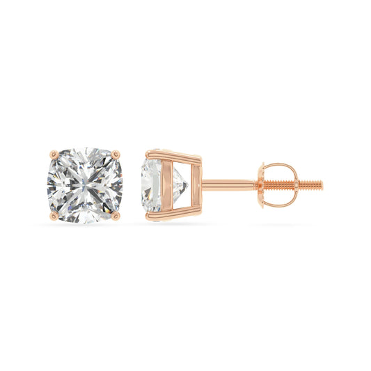 lab grown moissanite cushion stud earrings in rose gold 