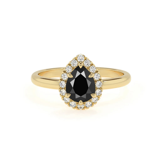 natural black-onyx pear solitaire rings in yellow gold 