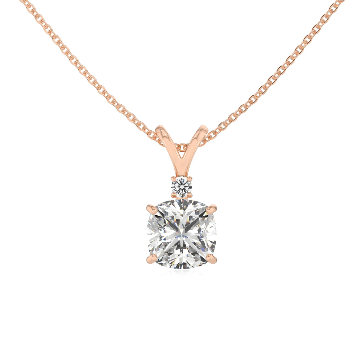 lab grown moissanite cushion solitaire v-bale necklaces in rose gold 