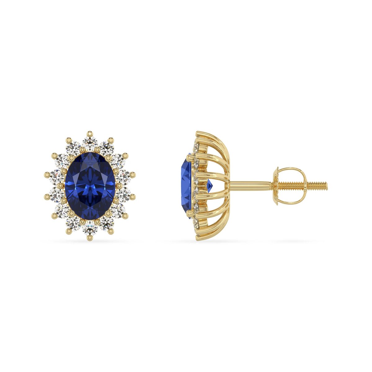 lab grown blue sapphire oval stud earrings in yellow gold 
