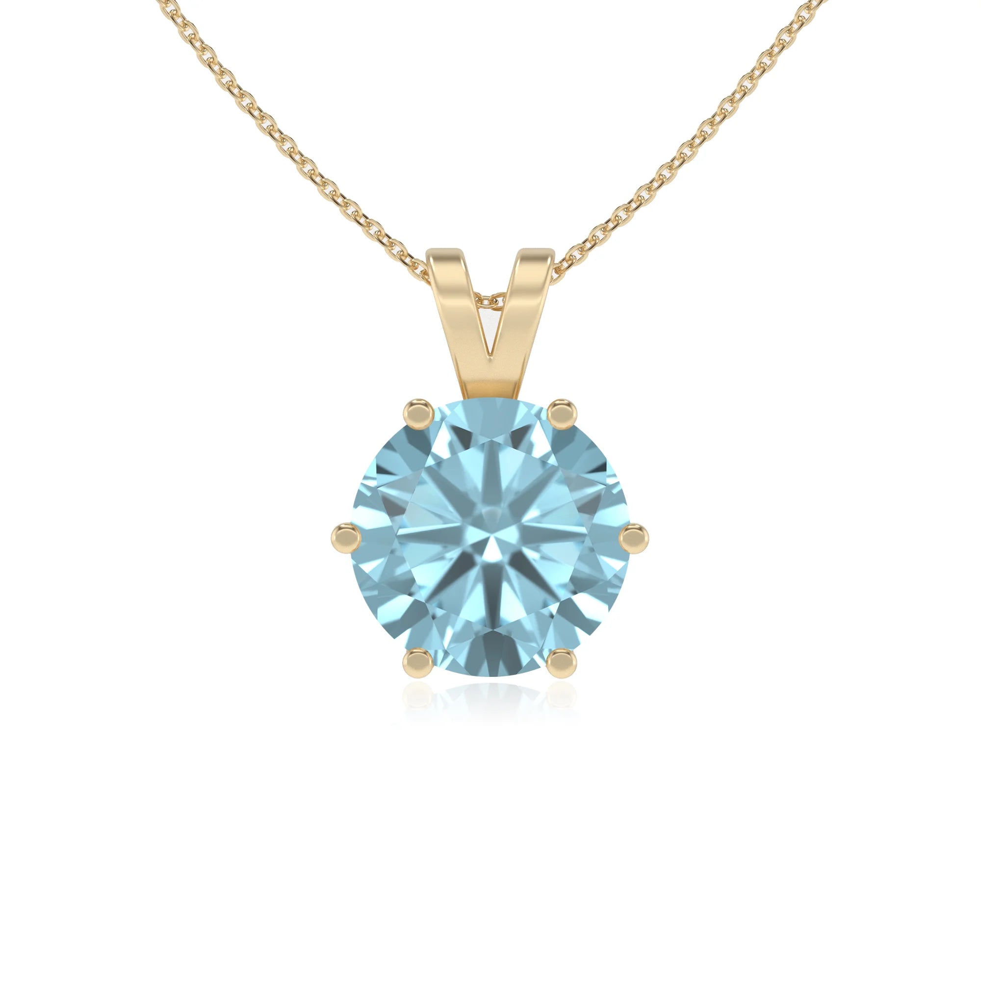 lab grown aquamarine round solitaire v-bale necklaces in yellow gold 