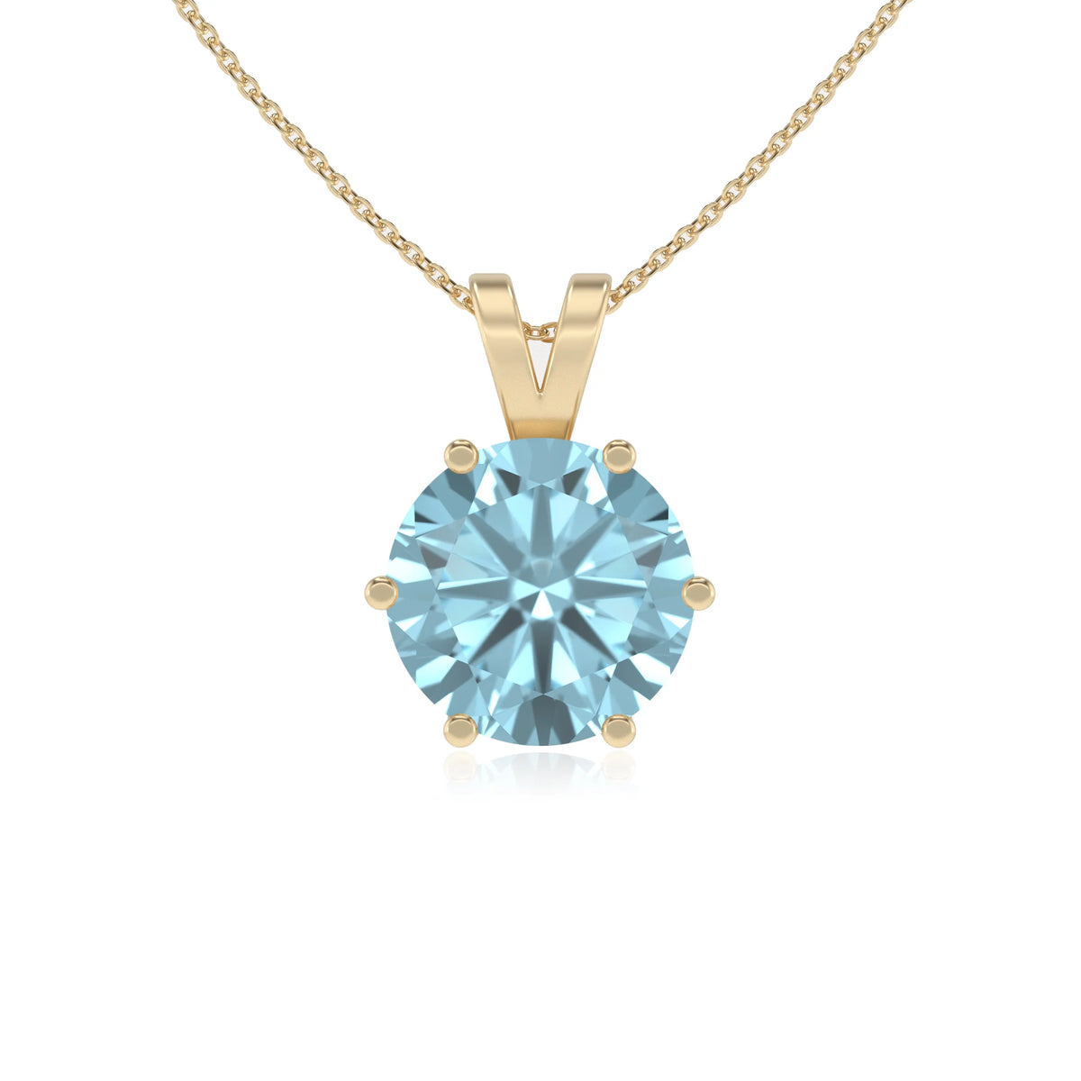 lab grown aquamarine round solitaire v-bale necklaces in yellow gold 