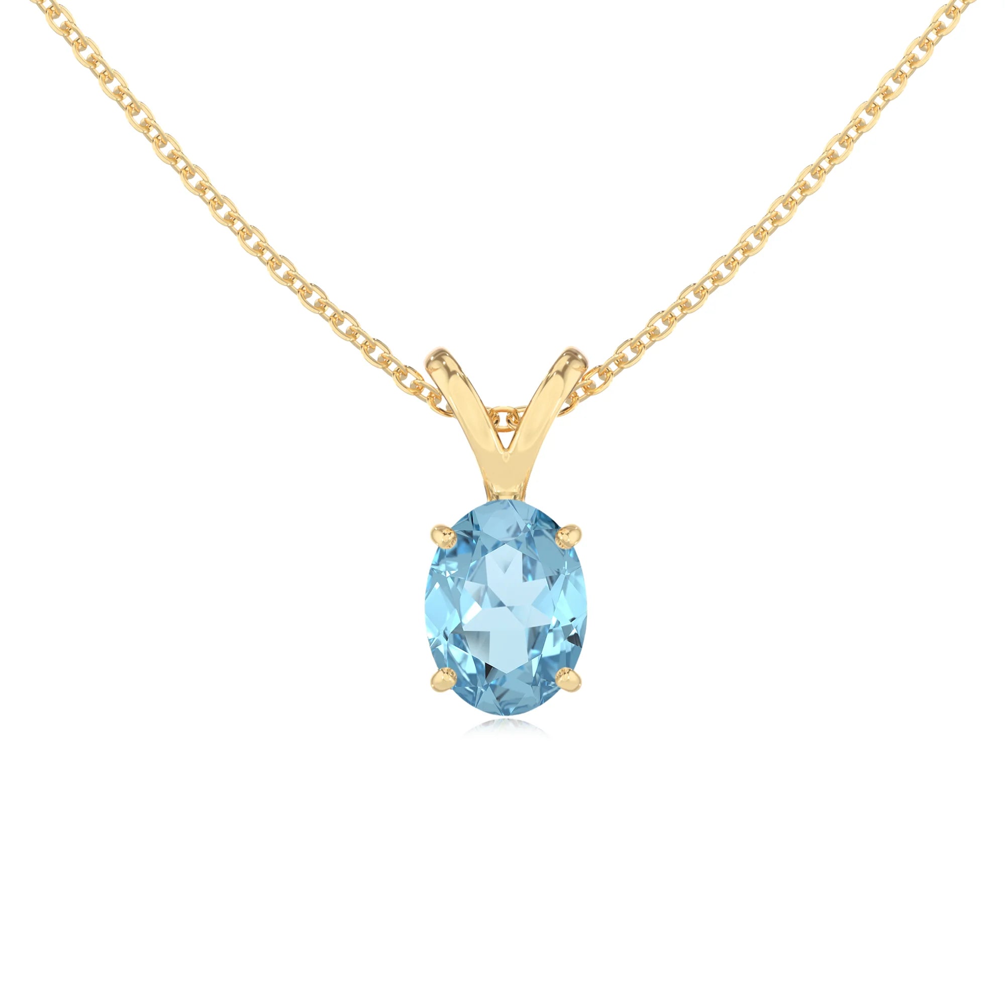 lab grown aquamarine oval solitaire v-bale necklaces in yellow gold 