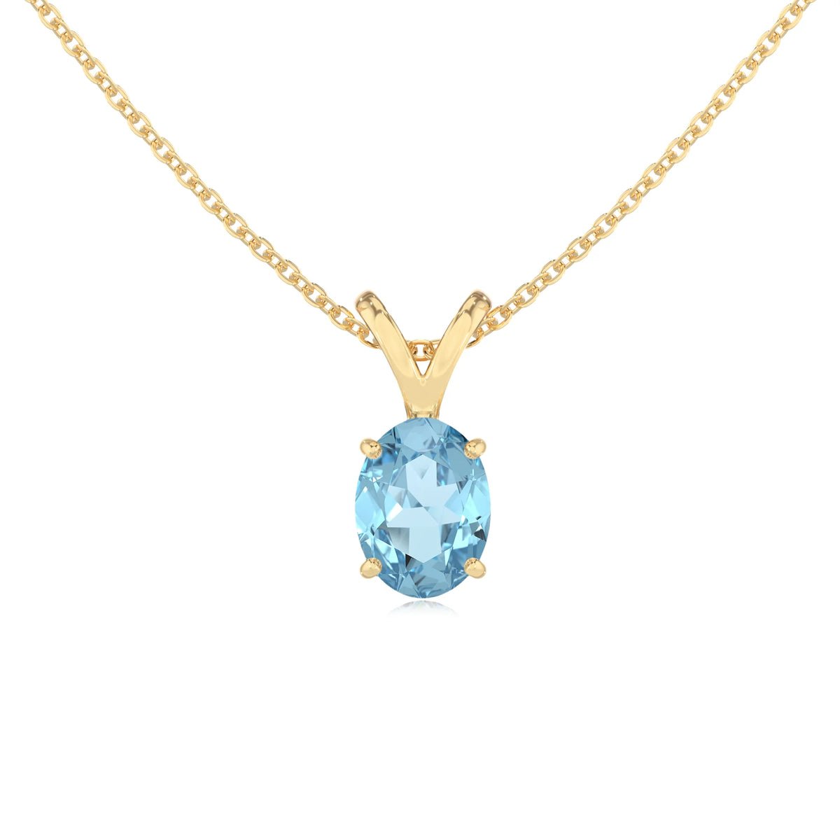 lab grown aquamarine oval solitaire v-bale necklaces in yellow gold 