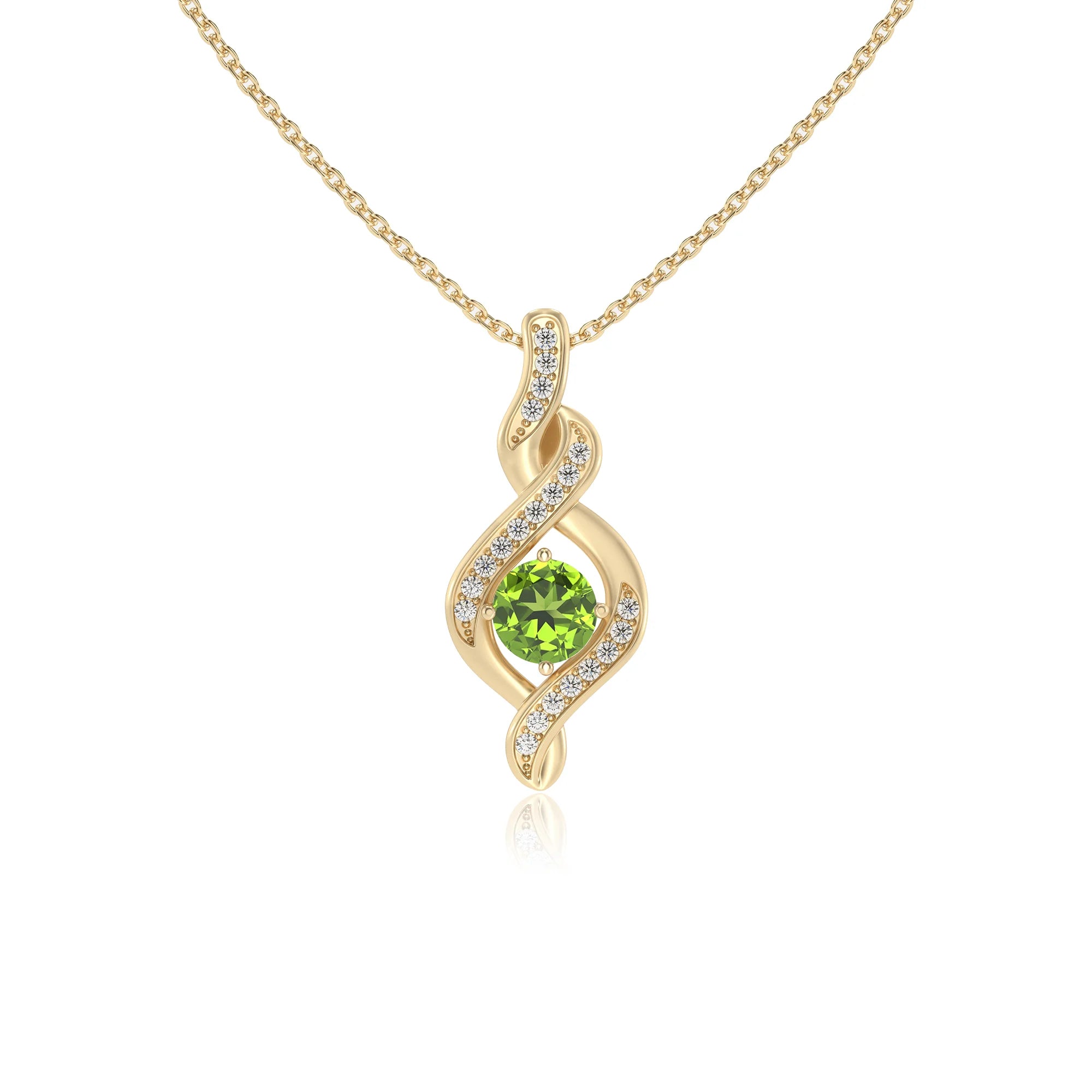 natural peridot round solitaire necklaces in yellow gold 
