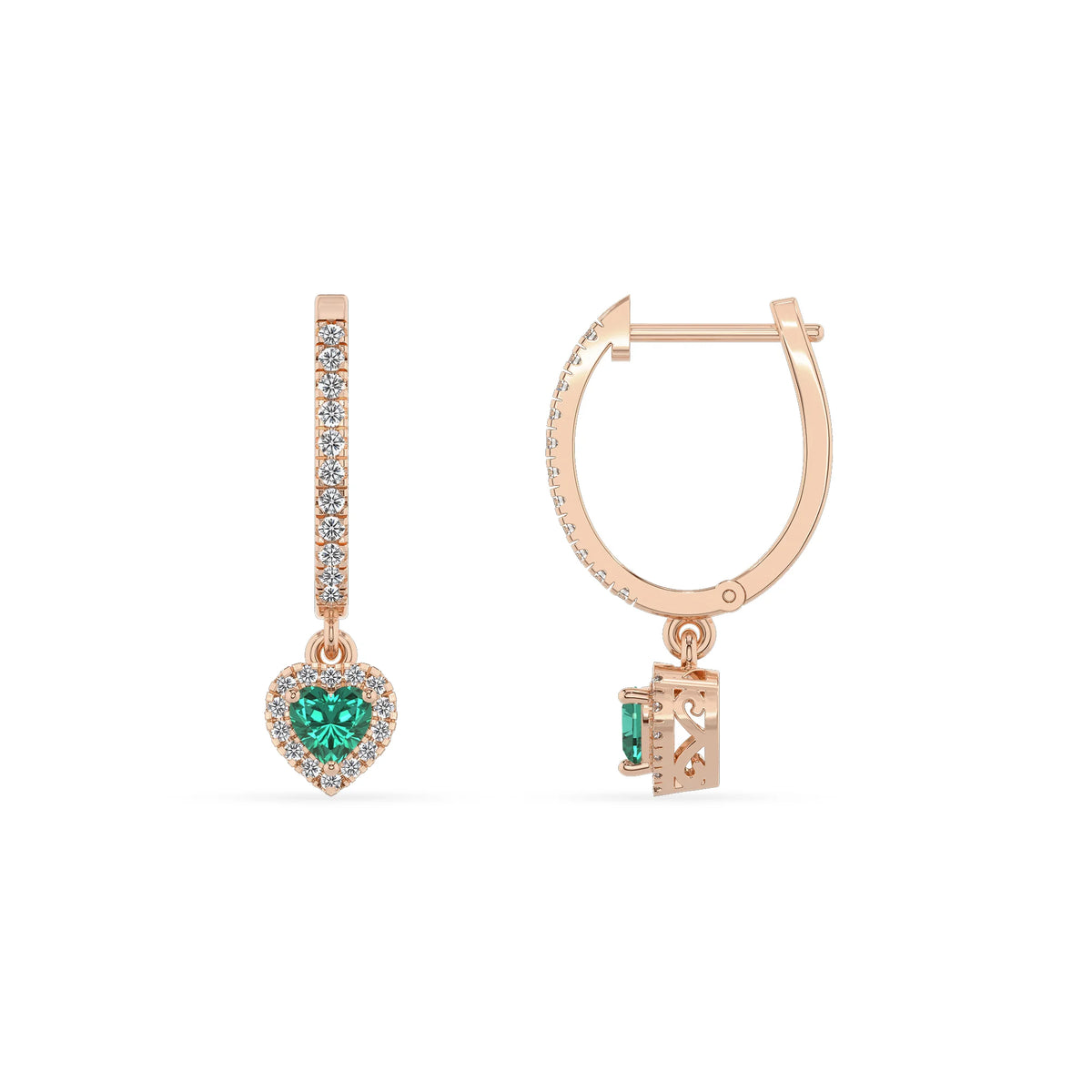 lab grown emerald heart drop earrings in rose gold 
