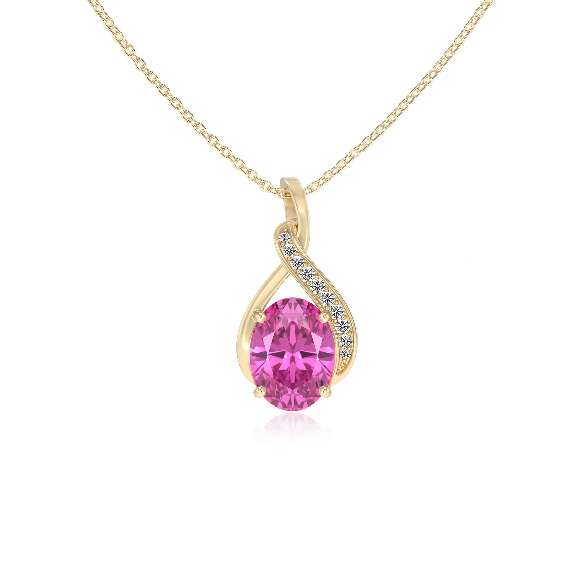 lab grown pink-sapphire oval solitaire necklaces in yellow gold 