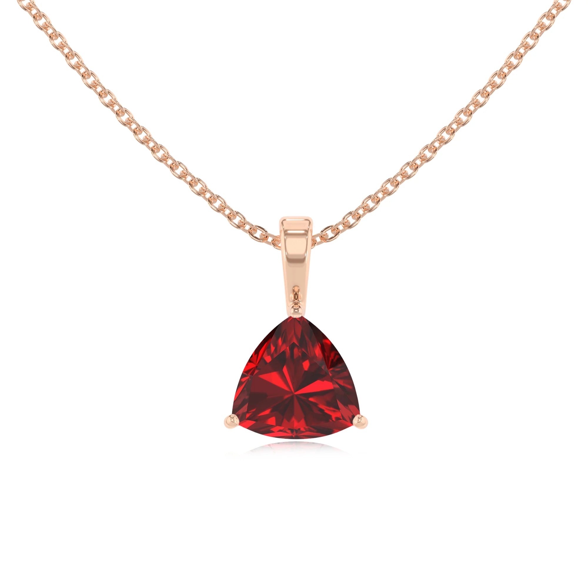 lab grown ruby trillion solitaire necklaces in rose gold 