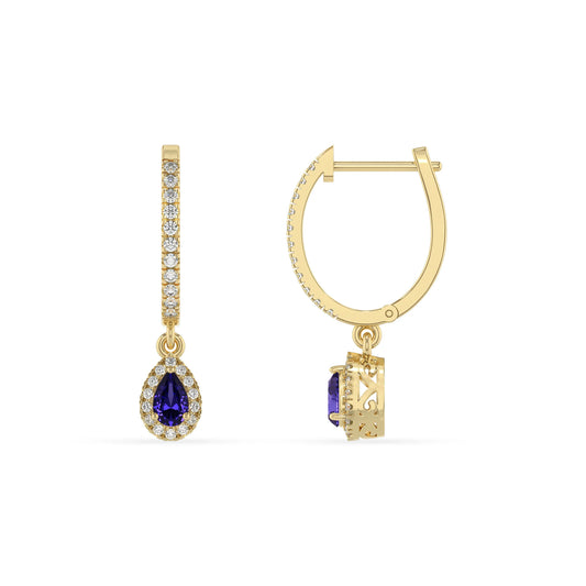 lab grown tanzanite pear drop earrings in yellow gold 