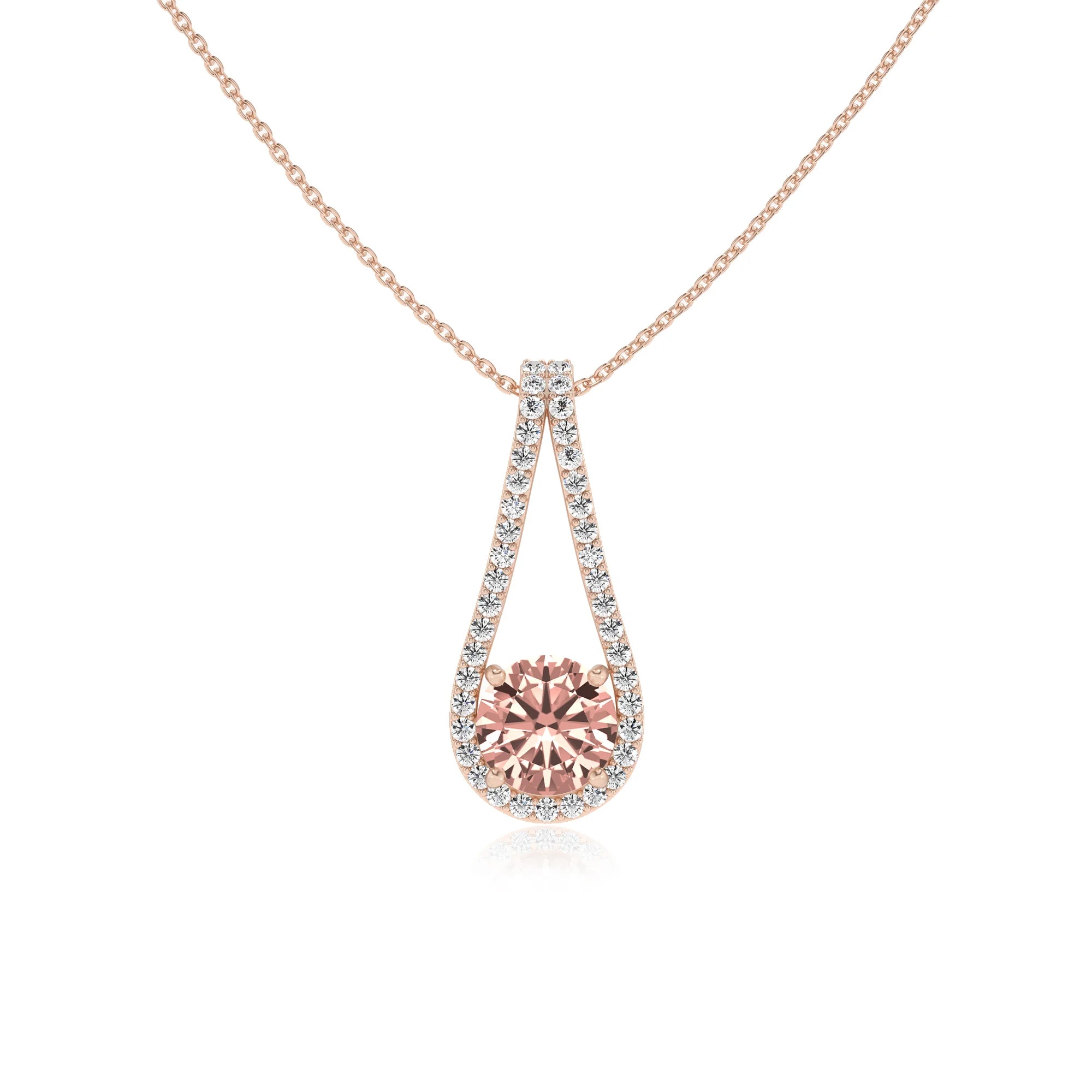 lab grown morganite round solitaire v-bale necklaces in rose gold 