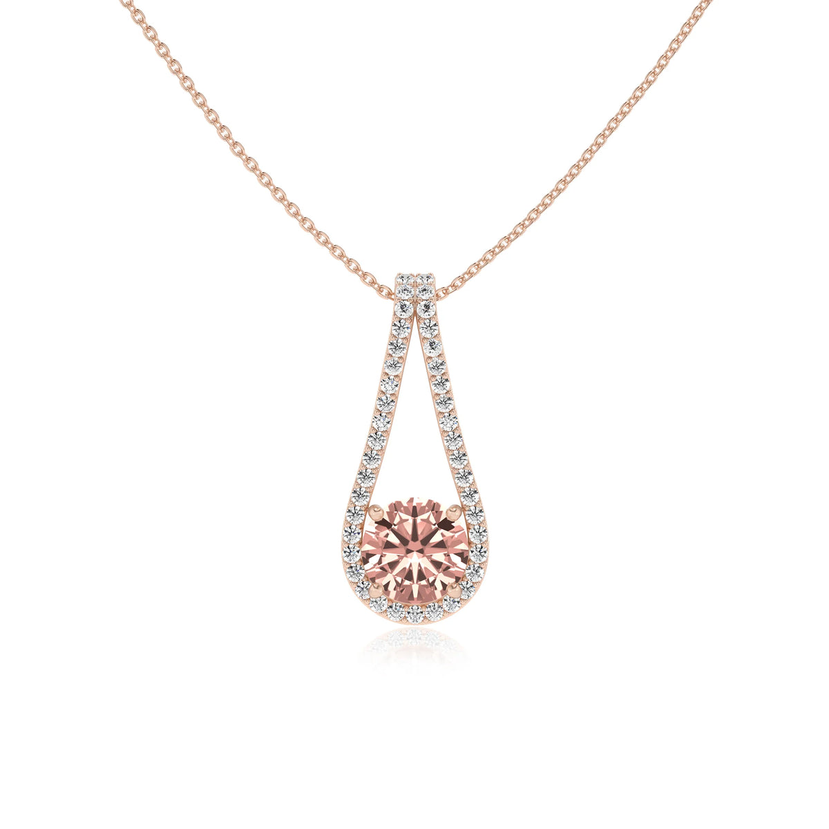 lab grown morganite round solitaire v-bale necklaces in rose gold 