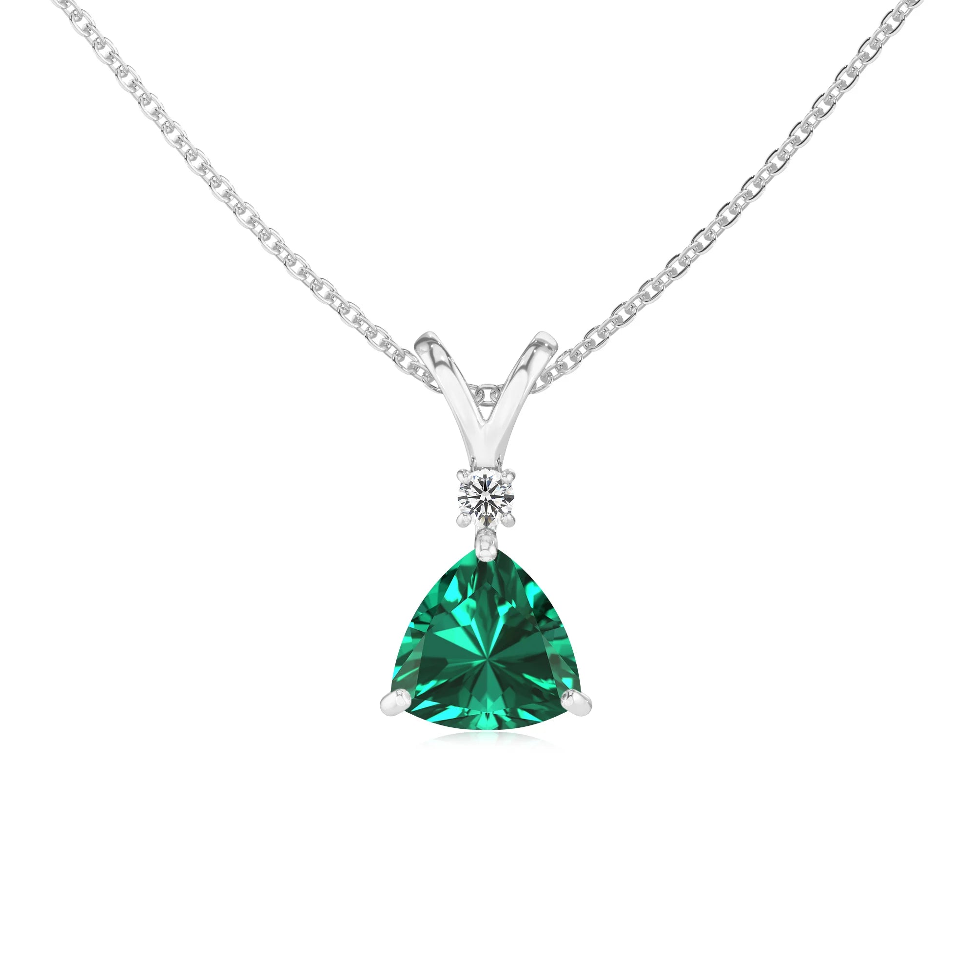 lab grown emerald trillion solitaire v-bale necklaces in white gold 