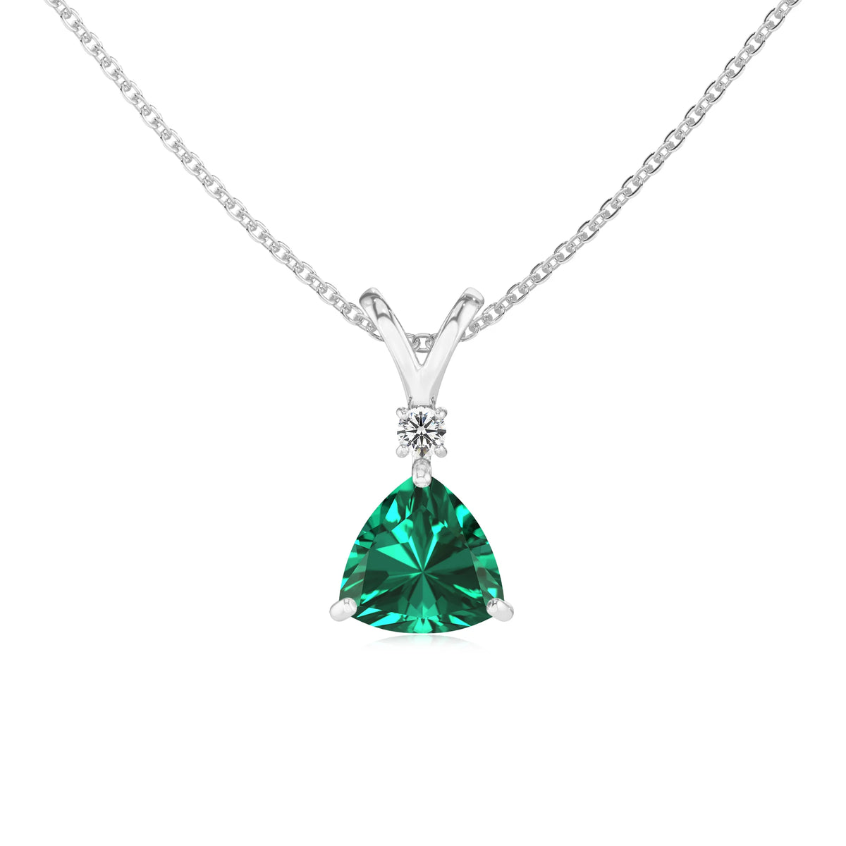 lab grown emerald trillion solitaire v-bale necklaces in white gold 