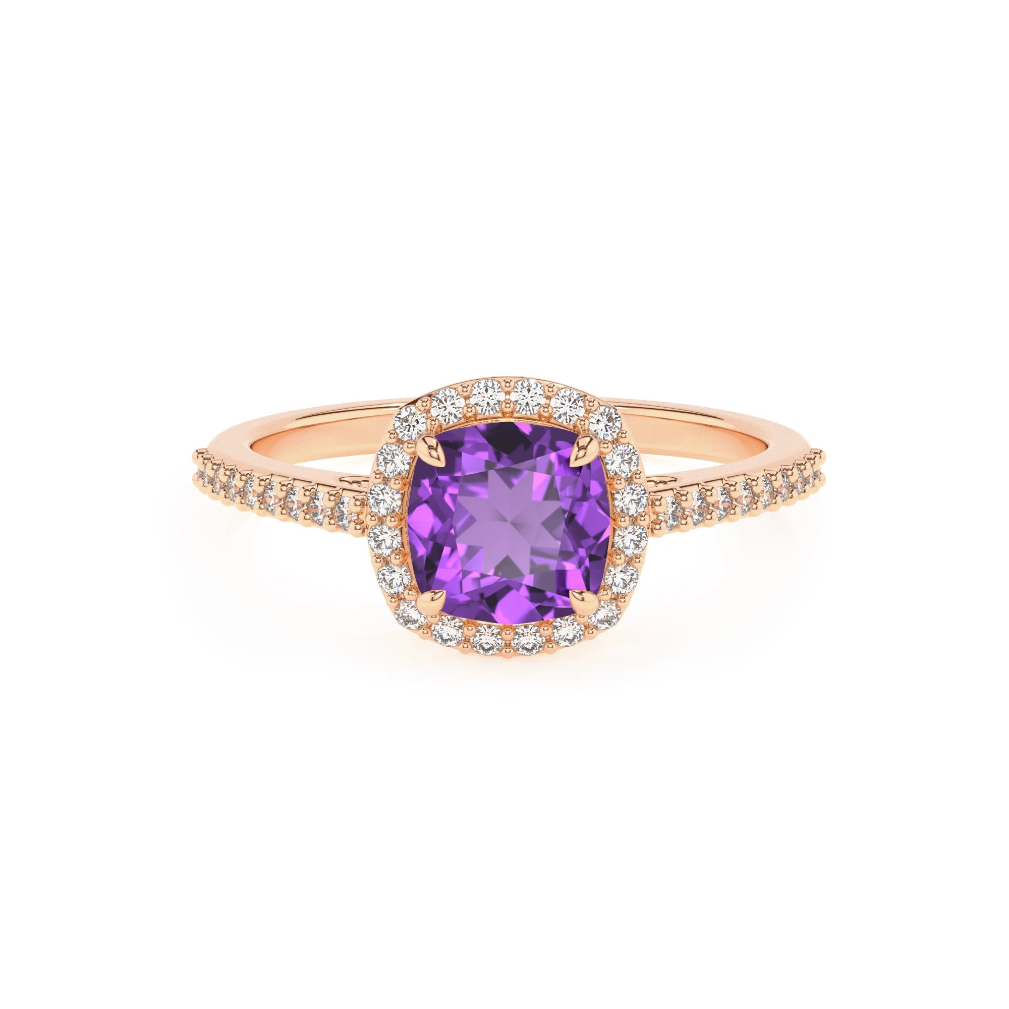 lab grown amethyst cushion solitaire rings in rose gold 