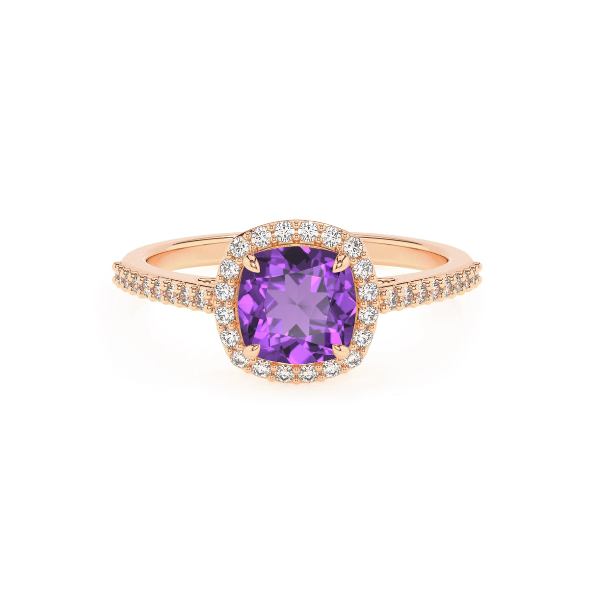 lab grown amethyst cushion solitaire rings in rose gold 
